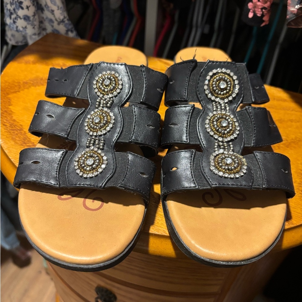 Black Beaded Women's Sandals-Easy Street- Sz 10